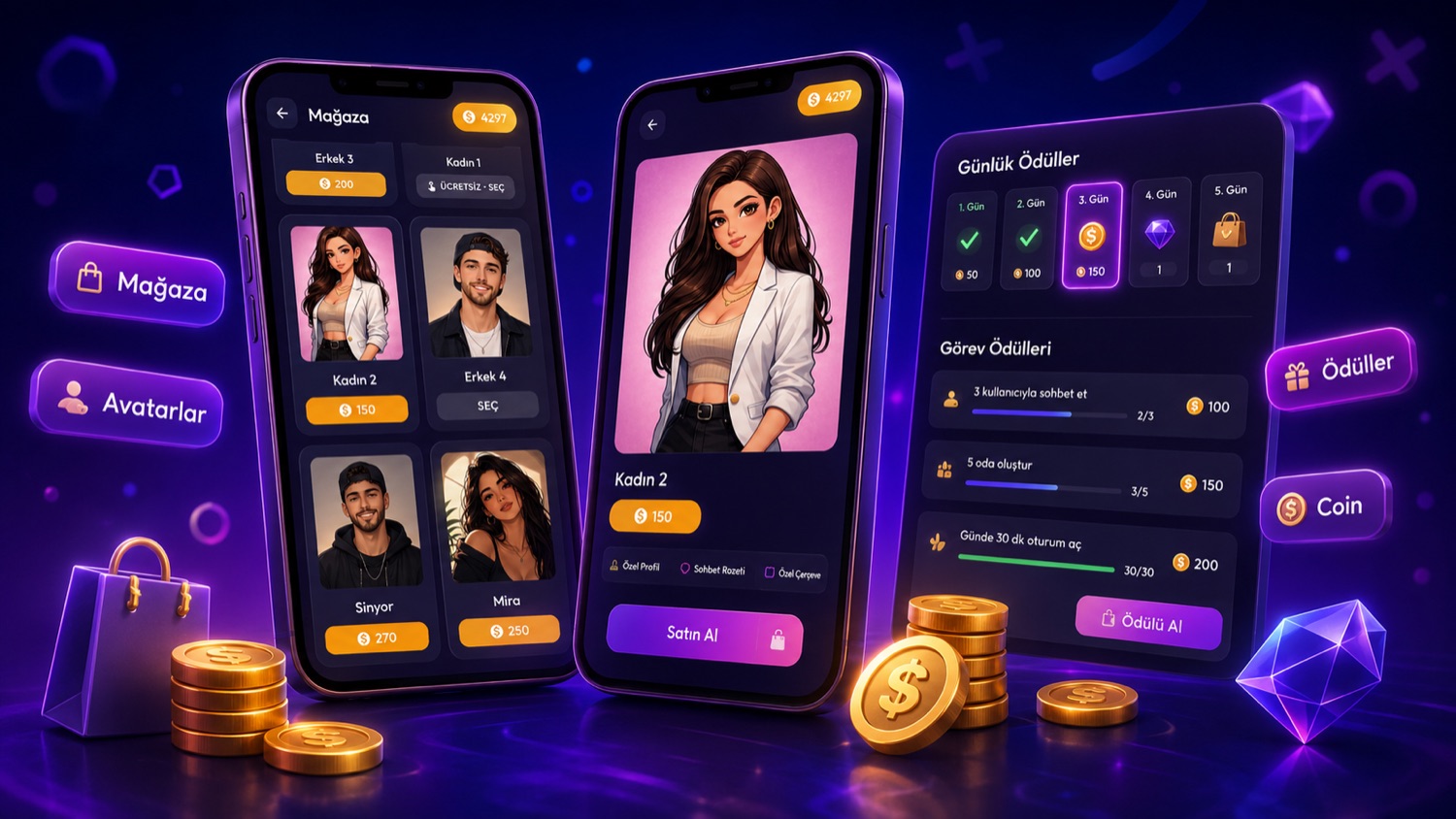 Lafla avatar mağazası, coin ve görev ödülleri ekranları